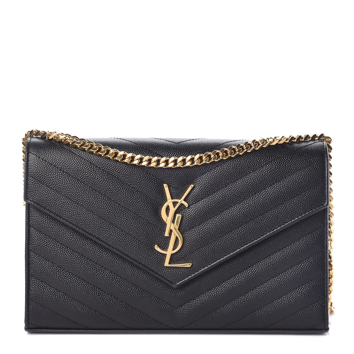 Saint Laurent Grain De Poudre Matelasse Chevron Monogram Chain Wallet Black 1 of 13