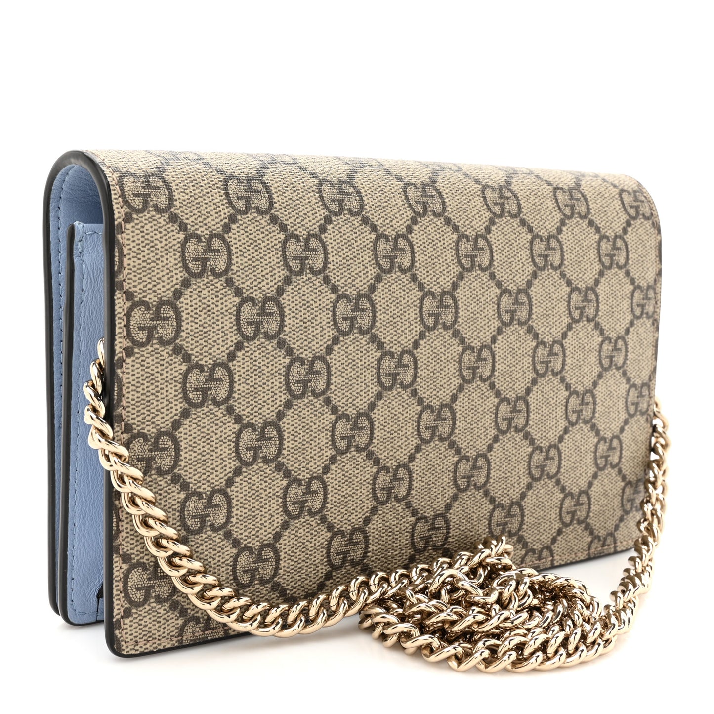 GG Supreme Monogram Textured Dollar Calfskin Mini GG Marmont Chain Wallet Light Pink Blue Beige