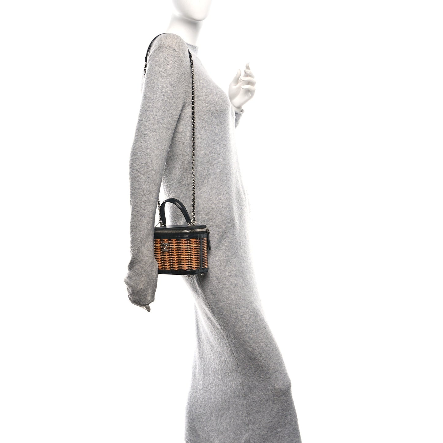 Calfskin Raffia Small Vanity Case Bag Black Beige