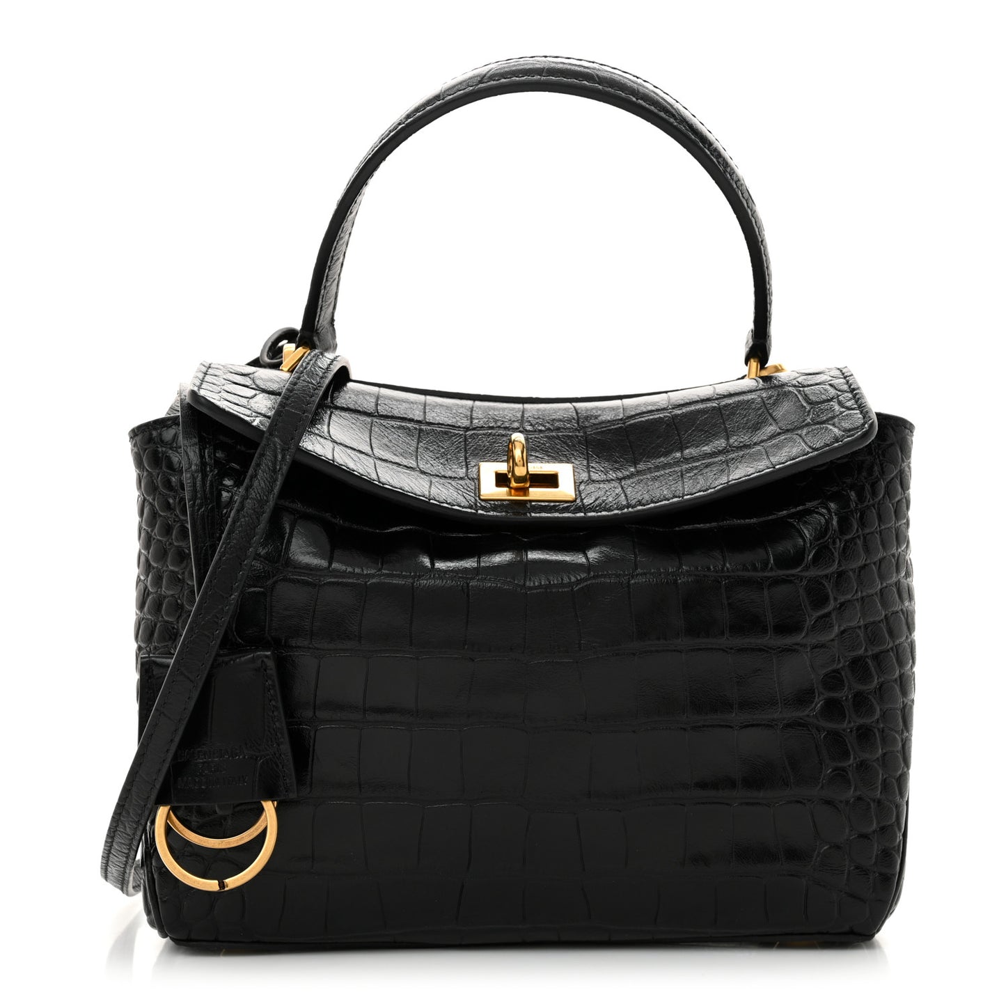 Shiny Calfskin Crocodile Embossed Mini Rodeo Top Handle Handbag Black