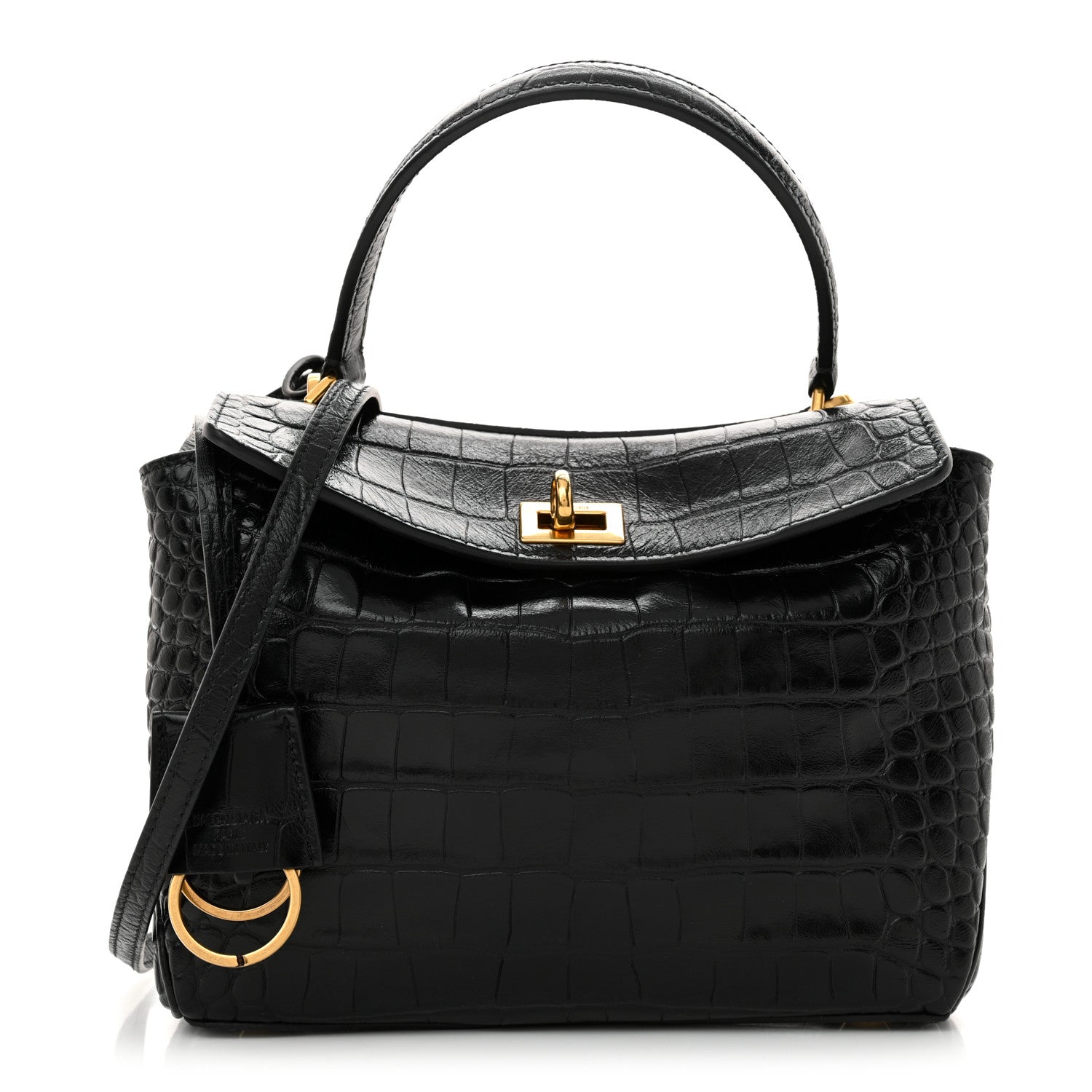 Balenciaga Shiny Calfskin Crocodile Embossed Mini Rodeo Top Handle Handbag Black 1 of 10