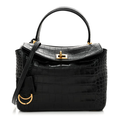 Balenciaga Shiny Calfskin Crocodile Embossed Mini Rodeo Top Handle Handbag Black 1 of 10