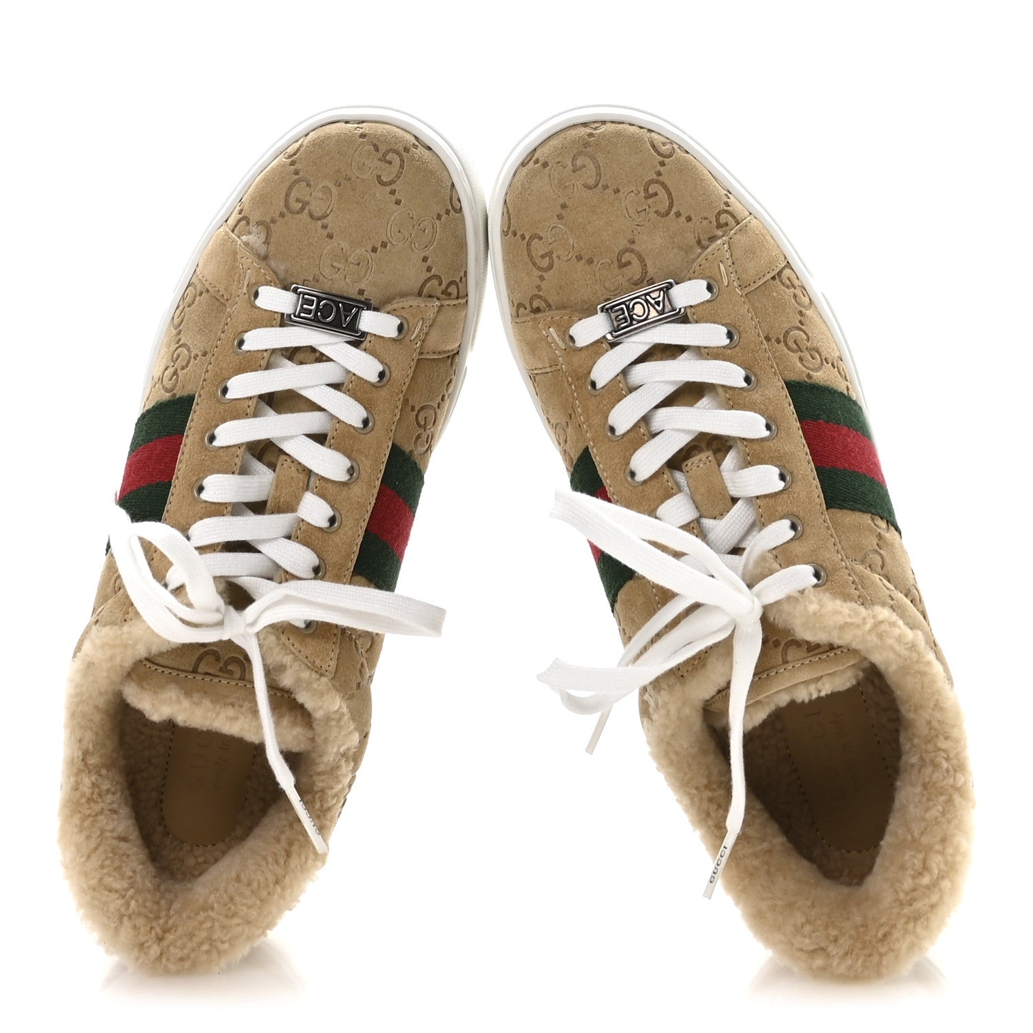 Gucci Suede Shearling Prestige GG Monogram Web Womens Ace Sneakers 37.5 Beige White Multicolor Mystic White 2 of 9