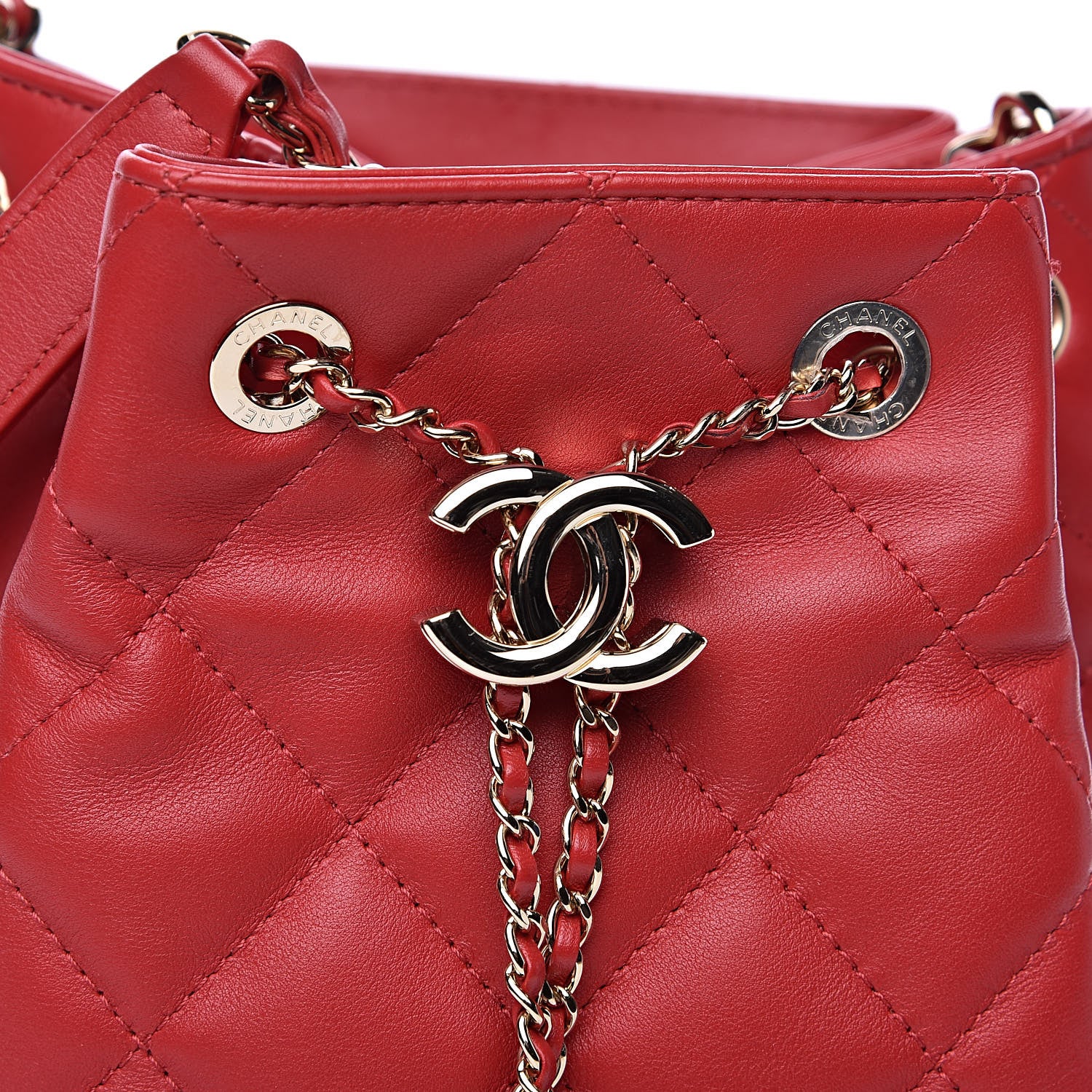 Chanel Lambskin Quilted Chain Drawstring Bag Red 10 of 10