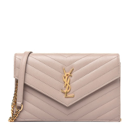 Saint Laurent Grain De Poudre Matelasse Chevron Monogram Envelope Chain Wallet Dark Beige 1 of 13