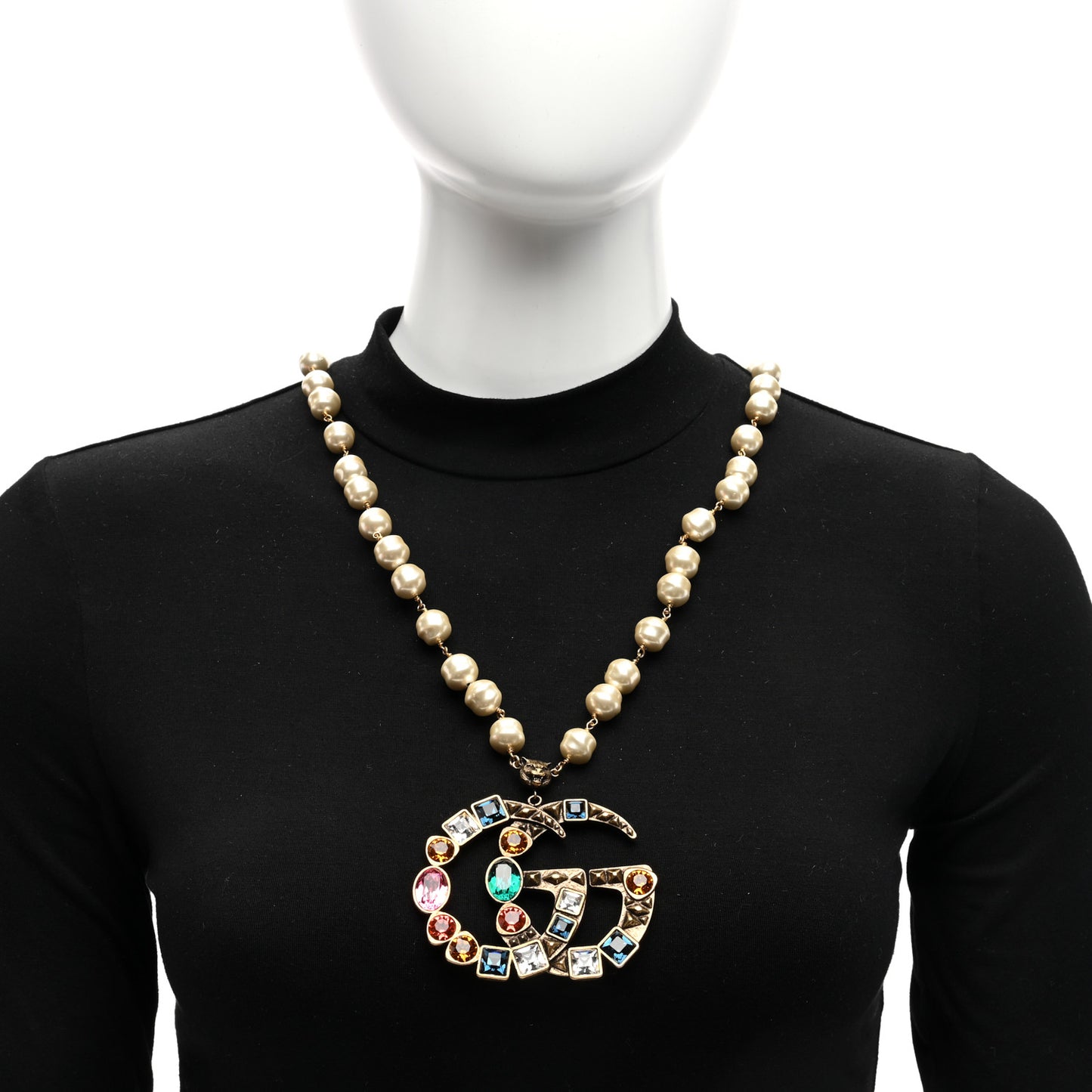 Crystal Pearl Double G Necklace Aged Gold Multicolor