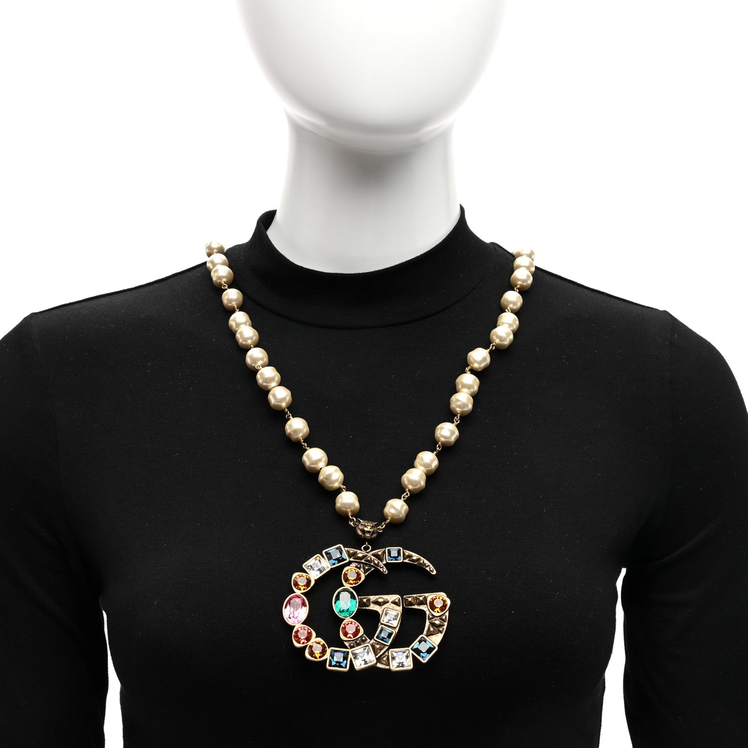 Gucci Crystal Pearl Double G Necklace Aged Gold Multicolor 2 of 6