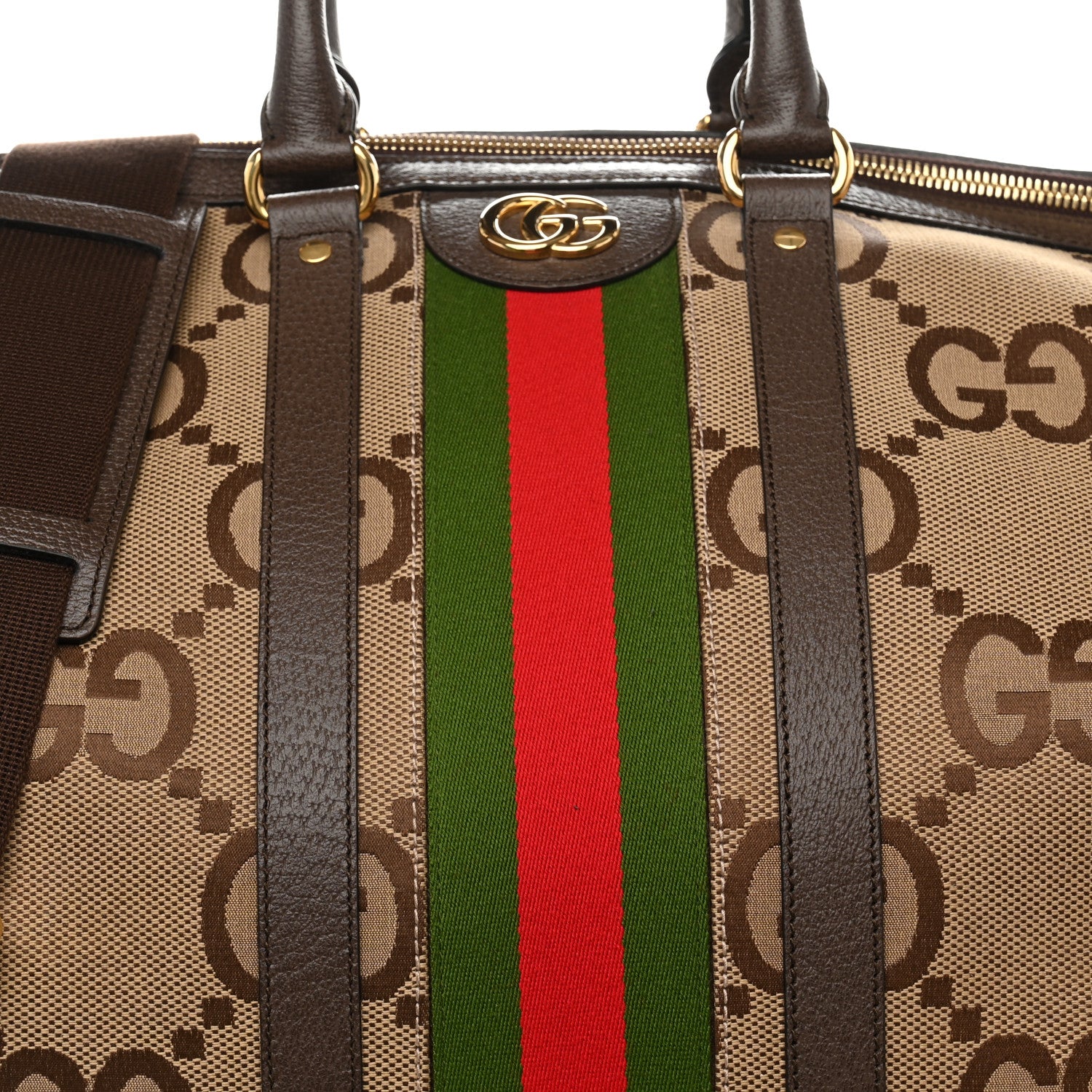 Gucci Monogram Jumbo GG Textured Dollar Calfskin Web Maxi Duffle Bag Camel Ebony 7 of 10