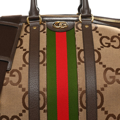 Gucci Monogram Jumbo GG Textured Dollar Calfskin Web Maxi Duffle Bag Camel Ebony 7 of 10