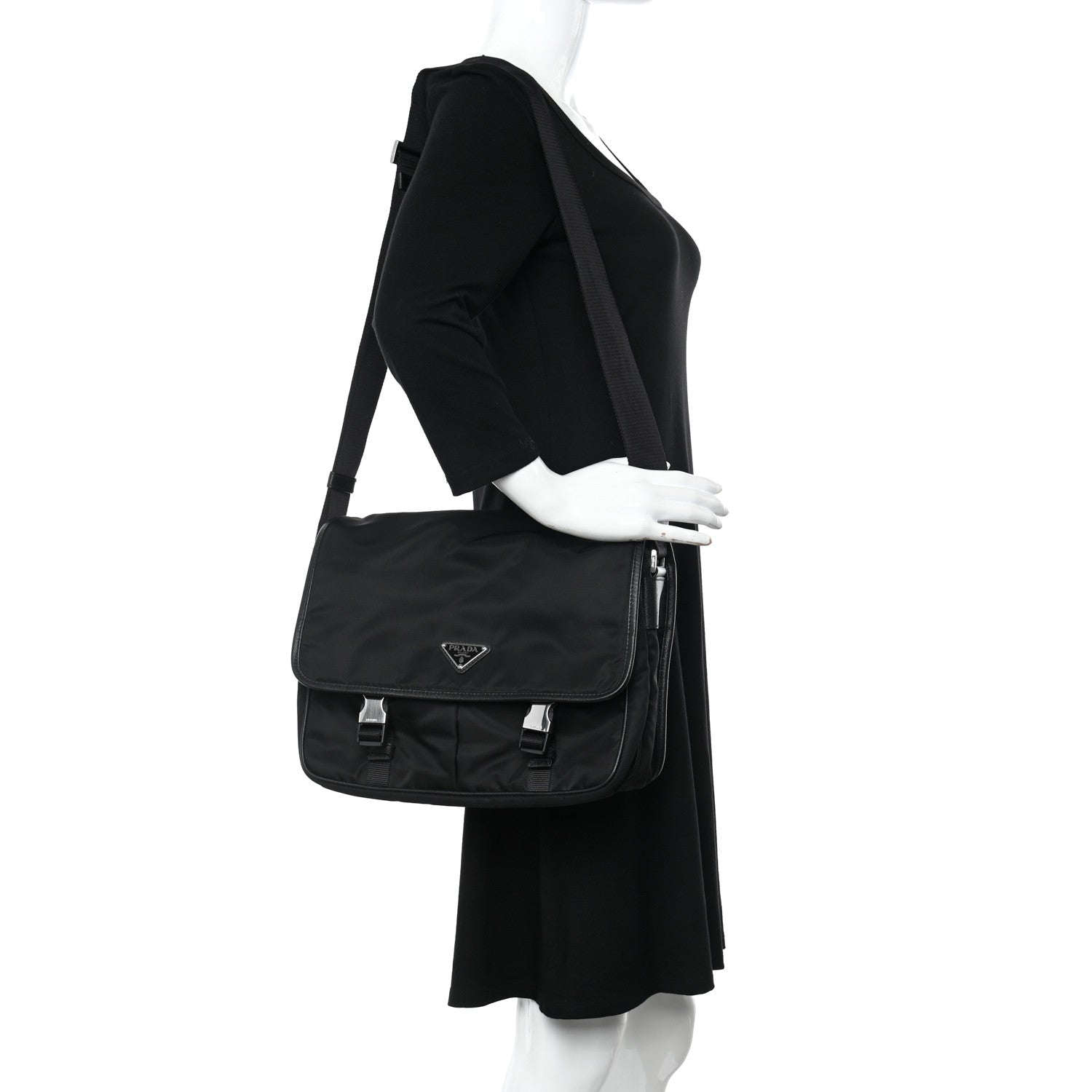 Prada Tessuto Nylon Saffiano Large Double Snap Buckle Messenger Bag Black 2 of 11