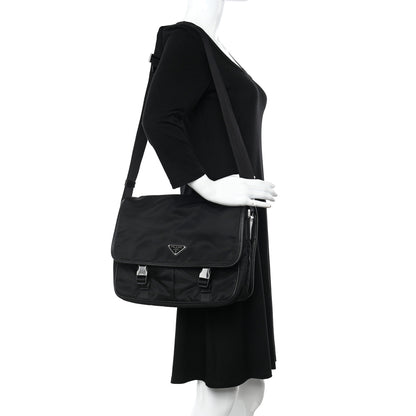 Prada Tessuto Nylon Saffiano Large Double Snap Buckle Messenger Bag Black 2 of 11
