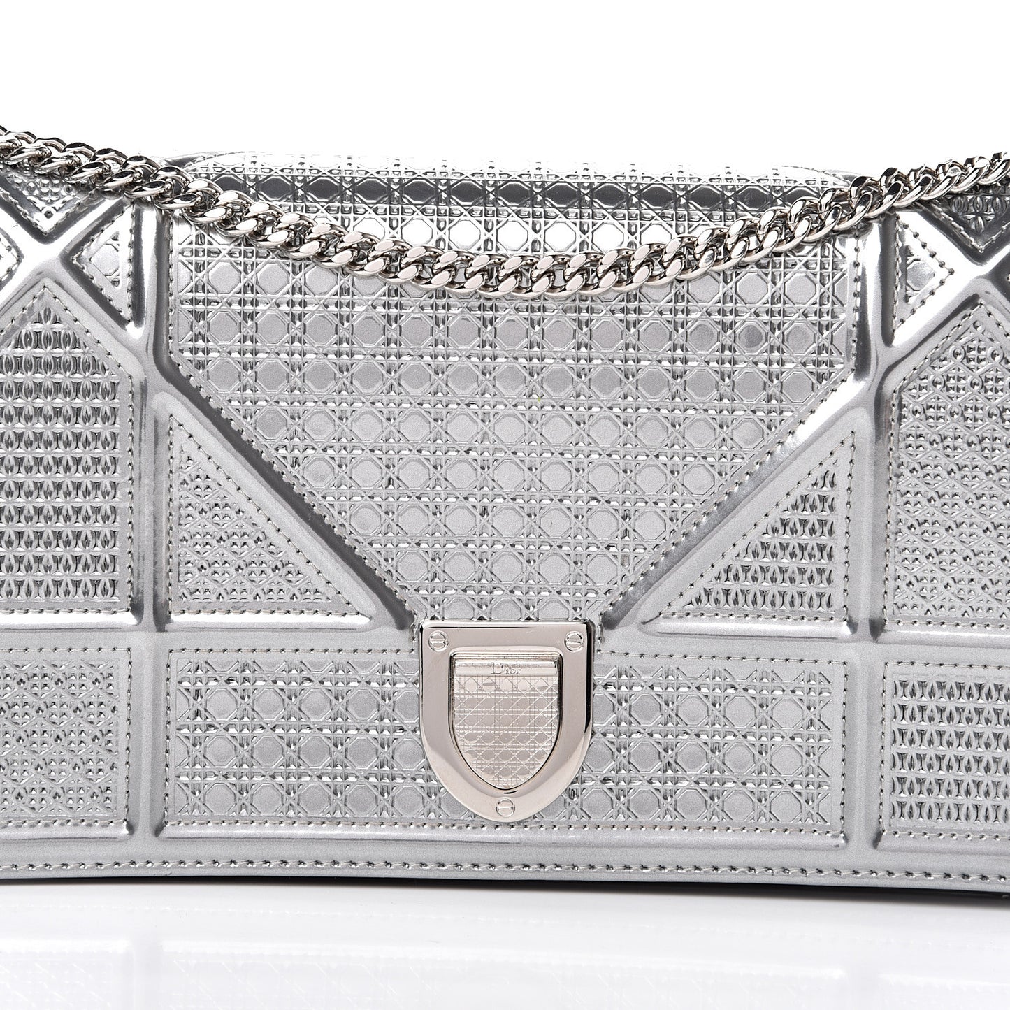 Metallic Patent Micro-Cannage Diorama Wallet on Chain Pouch Silver