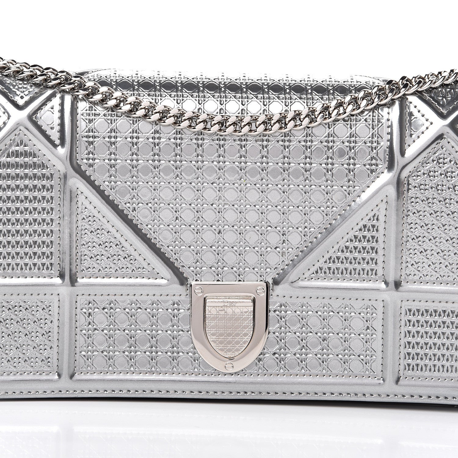 Christian Dior Metallic Patent Micro-Cannage Diorama Wallet on Chain Pouch Silver 10 of 12