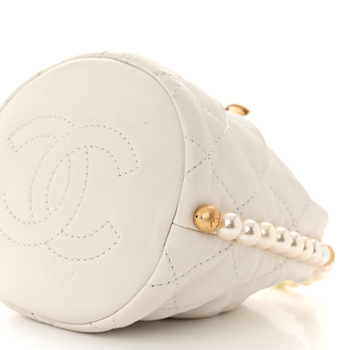 Calfskin Quilted Pearl Mini About Pearls Drawstring Bucket Bag White
