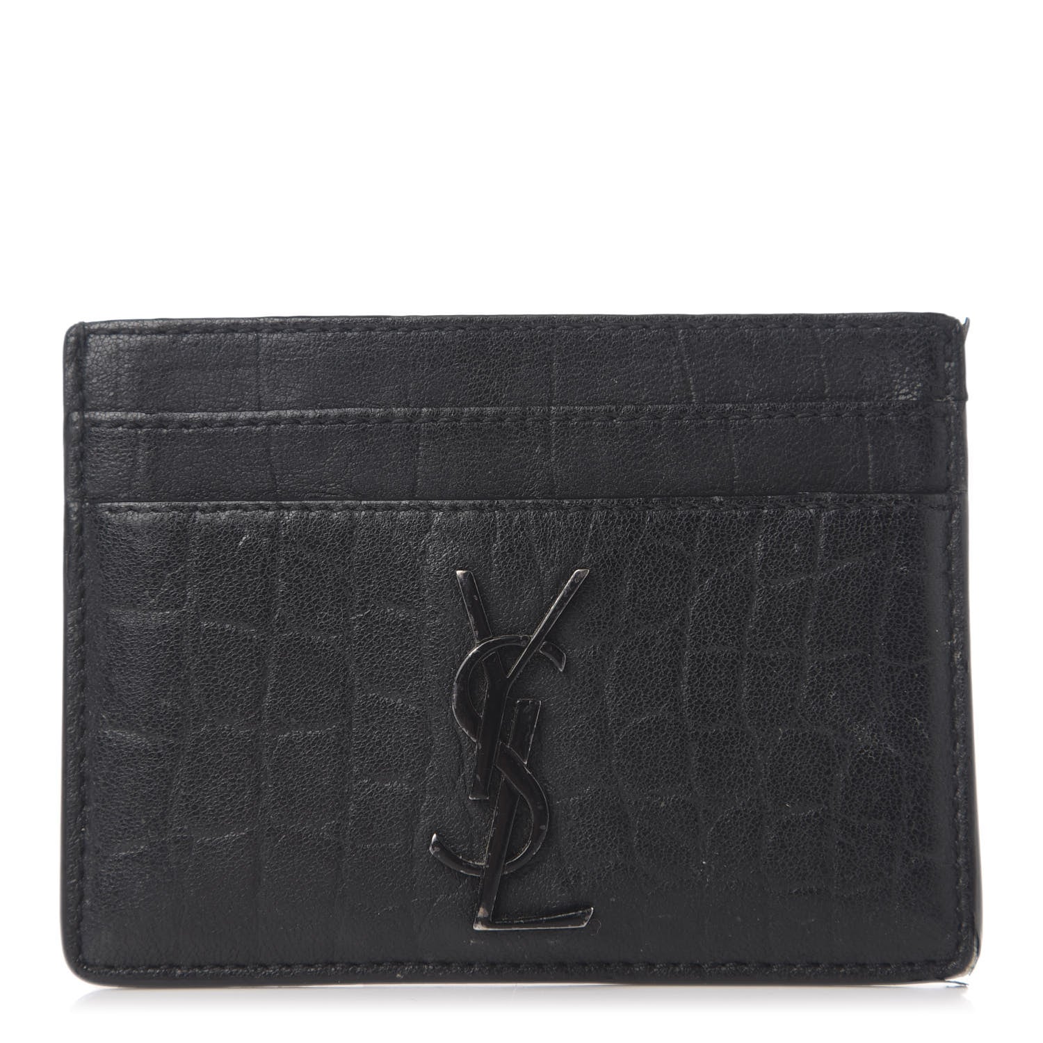 Saint Laurent Calfskin Crocodile Embossed Monogram Credit Card Case Black 1 of 9