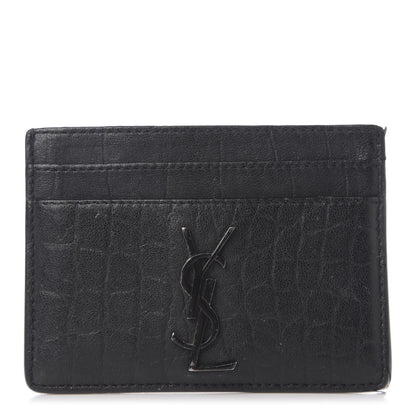 Saint Laurent Calfskin Crocodile Embossed Monogram Credit Card Case Black 1 of 9