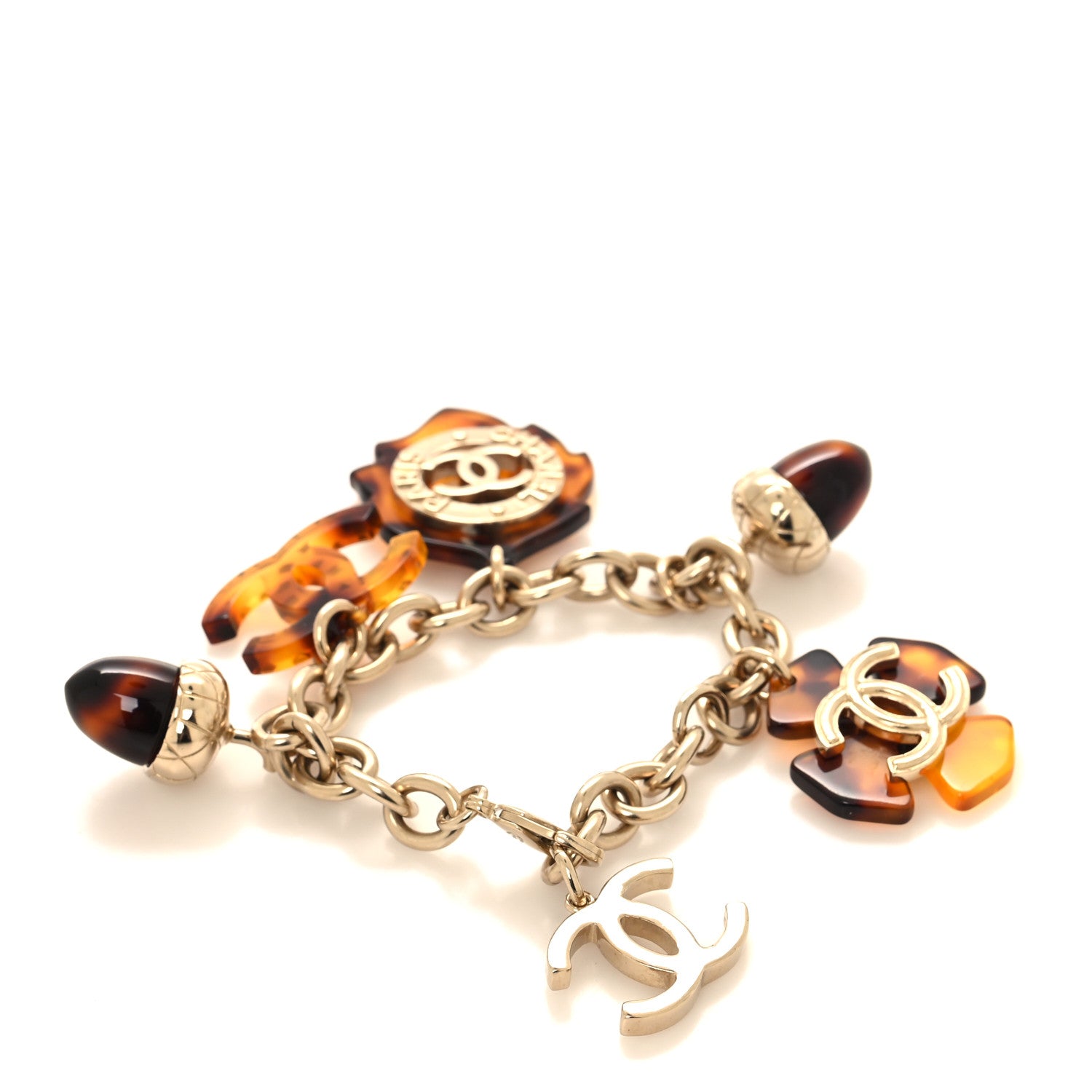 Chanel Resin Chain Logo Acorn Charm Bracelet Tortoise Gold 3 of 4