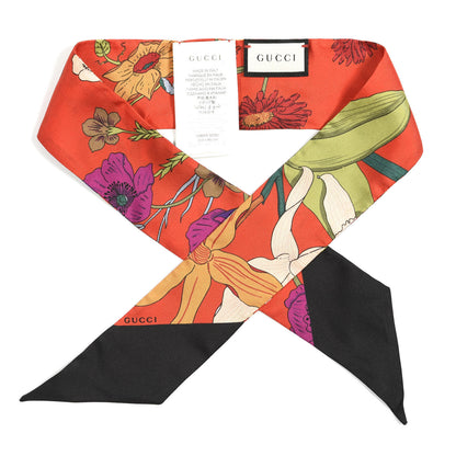 Gucci Silk Twill Flora Gothic Twilly Neck Bow Scarf Flame Black 1 of 3