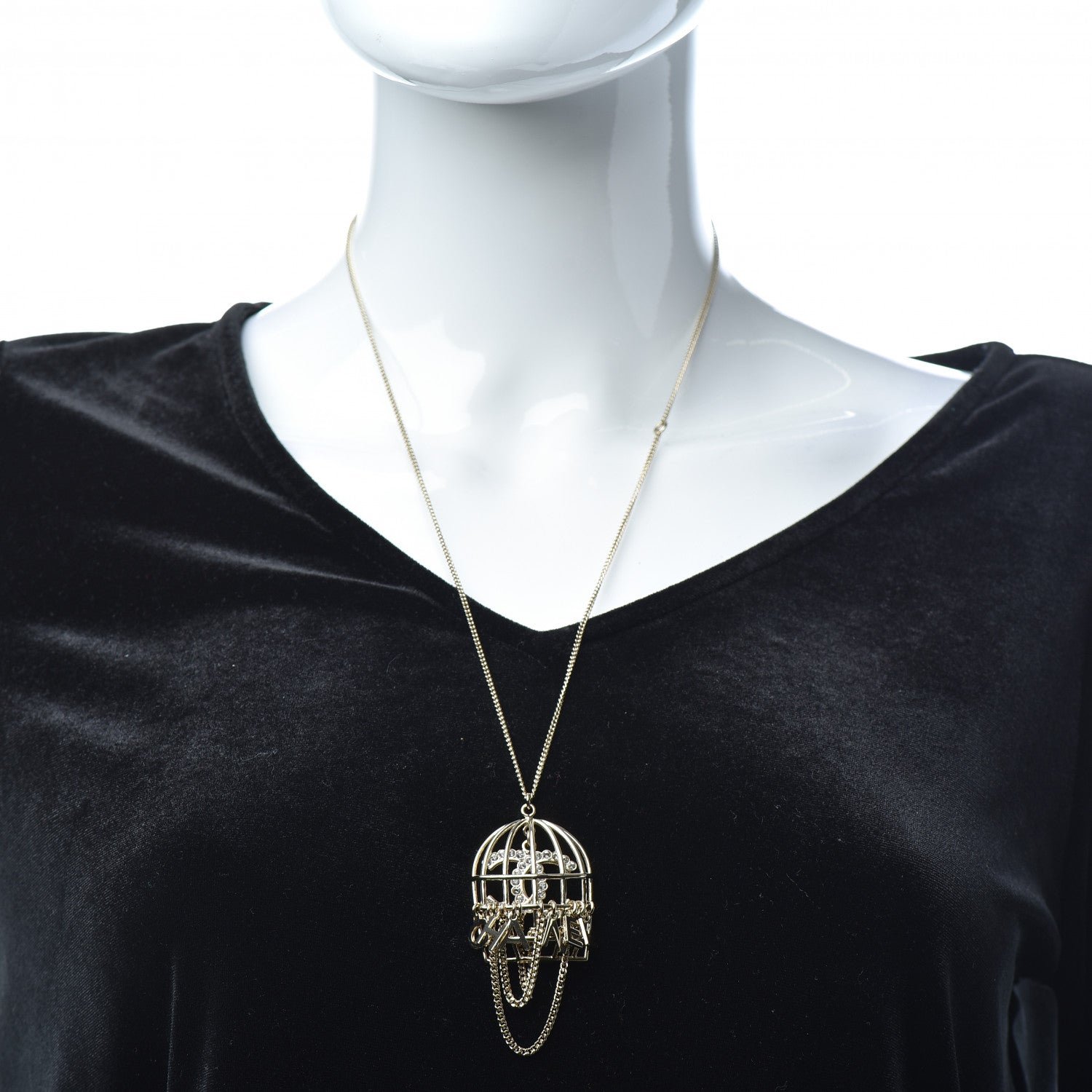 Chanel Metal Crystal Logo Bird Cage Necklace Gold 2 of 6