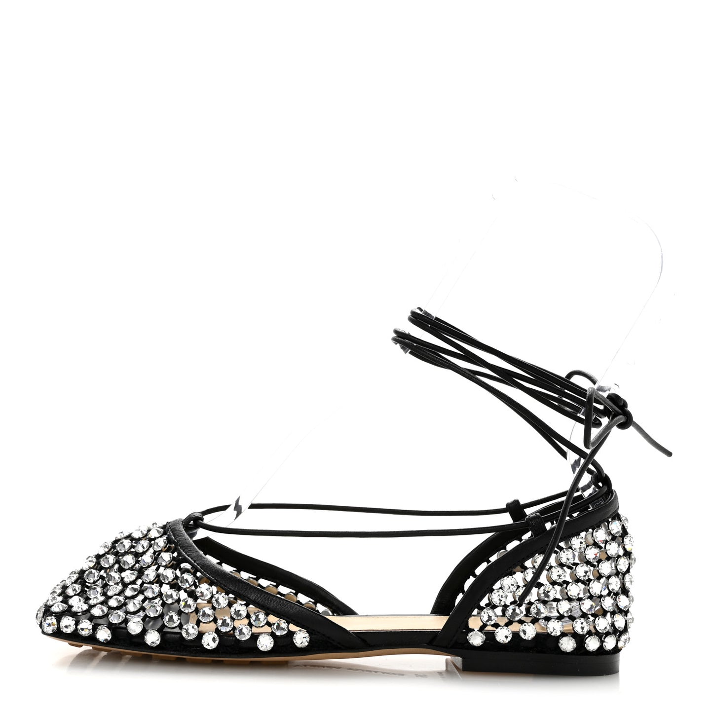 Mesh Nappa Crystal Embellished Sparkle Stretch Ankle Tie Flats 36 Black