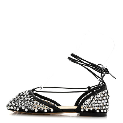Bottega Veneta Mesh Nappa Crystal Embellished Sparkle Stretch Ankle Tie Flats 36 Black 1 of 9
