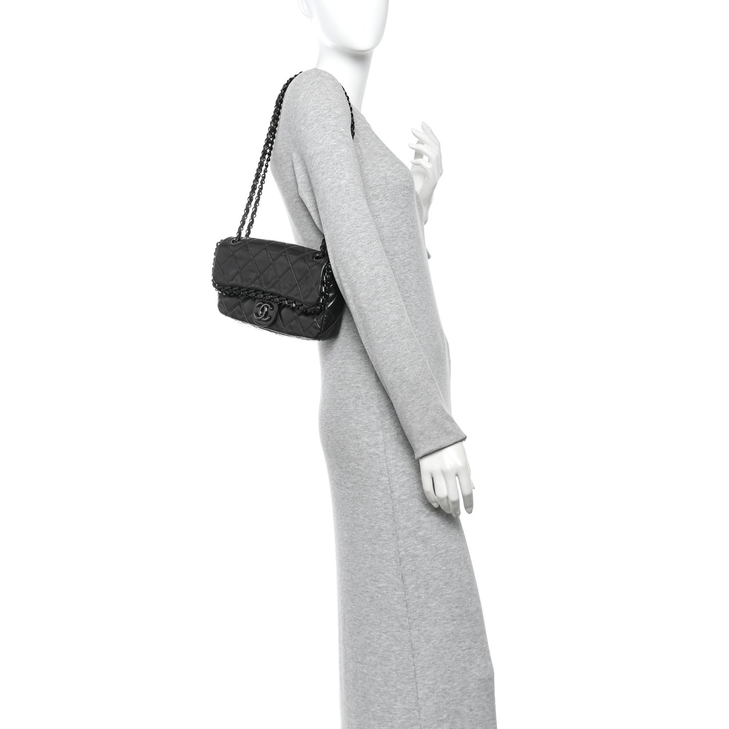 Metallic Calfskin Quilted Chain All Over Flap Bag Grey