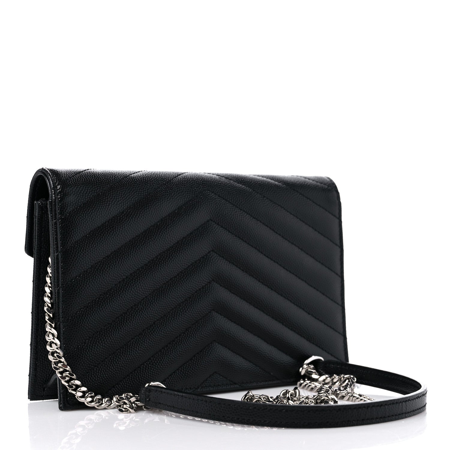 Saint Laurent Grain De Poudre Matelasse Chevron Monogram Envelope Chain Wallet Black 3 of 11
