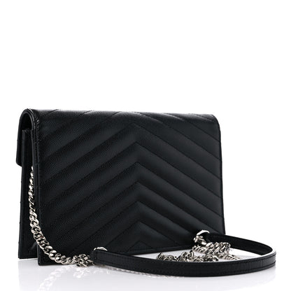 Saint Laurent Grain De Poudre Matelasse Chevron Monogram Envelope Chain Wallet Black 3 of 11