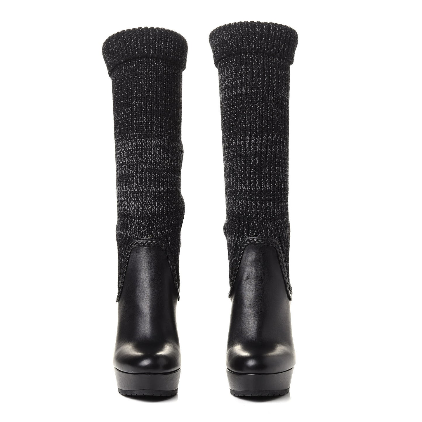 Wool Calfskin Knee Length Sock Boots 38 Black