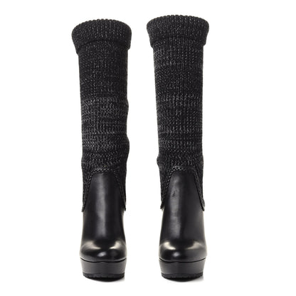 Gucci Wool Calfskin Knee Length Sock Boots 38 Black 3 of 8