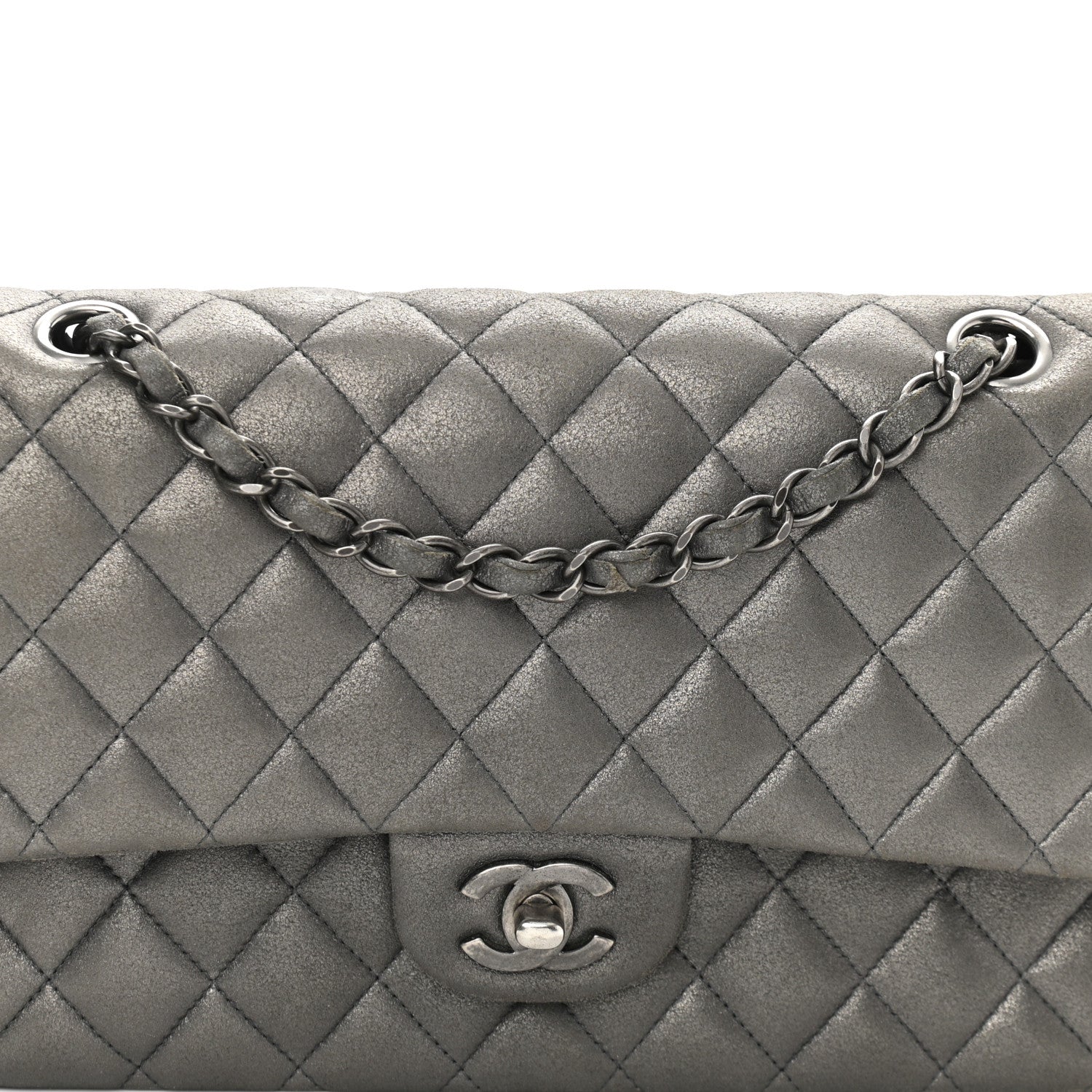 Chanel Metallic Lambskin Quilted Medium Double Flap Pewter 7 of 9