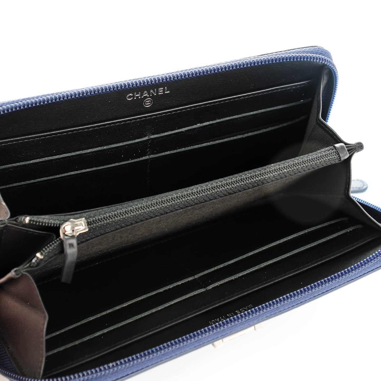 Calfskin Large Bi-Color Zip Around Boy Wallet Black Navy