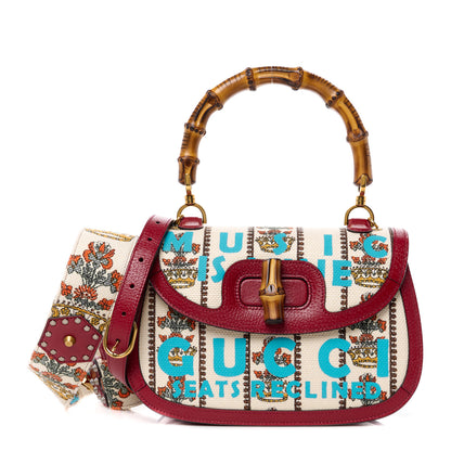 Gucci Canvas Calfskin 100 Centennial Music Medium Bamboo 1947 Top Handle Bag Ivory Red 1 of 15