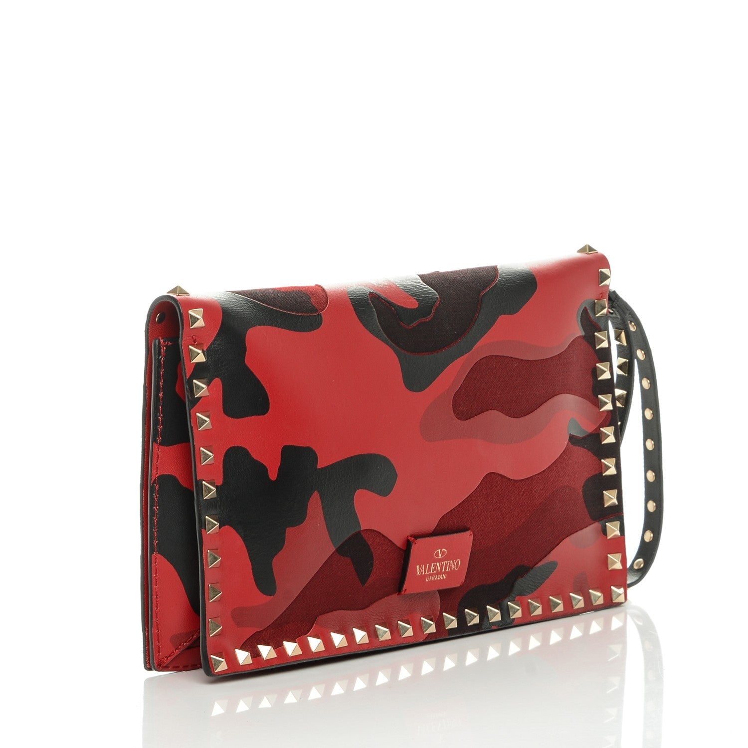 Valentino Garavani Nappa Canvas Camouflage Rockstud Wristlet Clutch Red Black 3 of 6