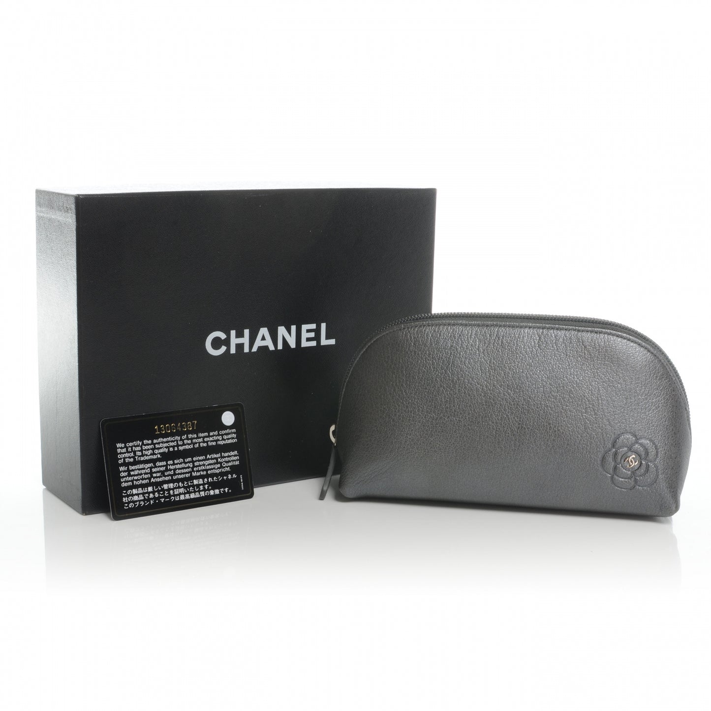 Calfskin Camellia Cosmetic Case Dark Silver