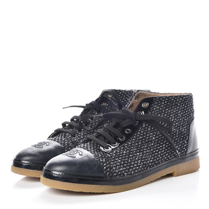 Chanel Tweed Calfskin Patent CC Lace Up Short Boots 41 Black Grey Dark Navy 3 of 17