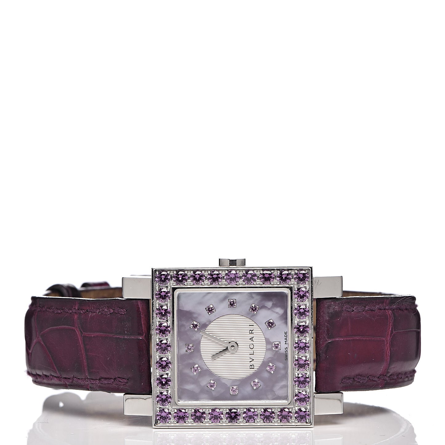 Stainless Steel Alligator Garnet Mother of Pearl 26mm Quadrato Quartz Watch