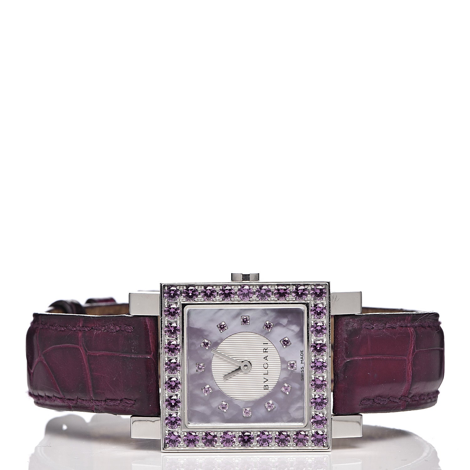 Bulgari Stainless Steel Alligator Garnet Mother of Pearl 26mm Quadrato Quartz Watch 3 of 10