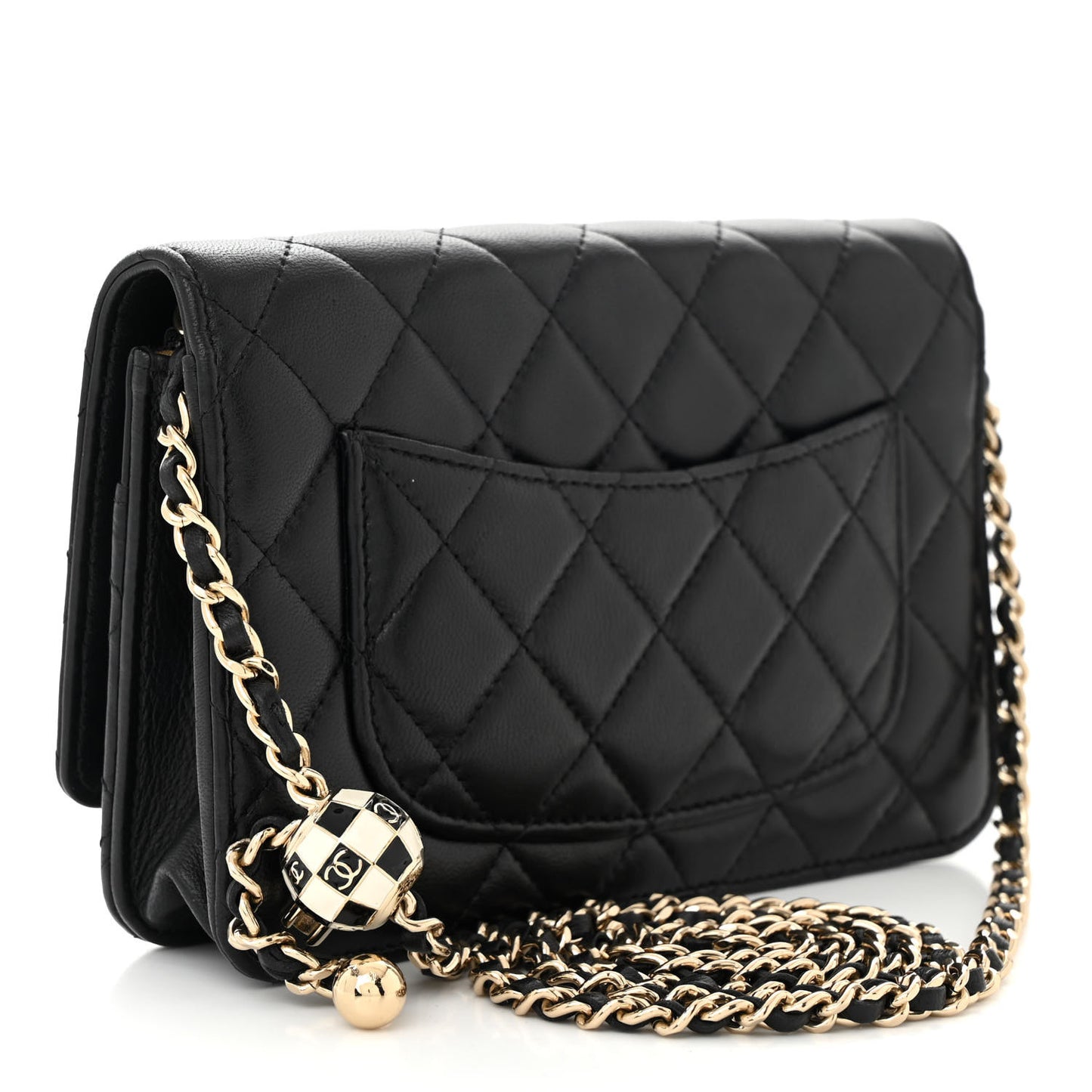 Lambskin Enamel Quilted Pearl Crush Wallet On Chain WOC Black