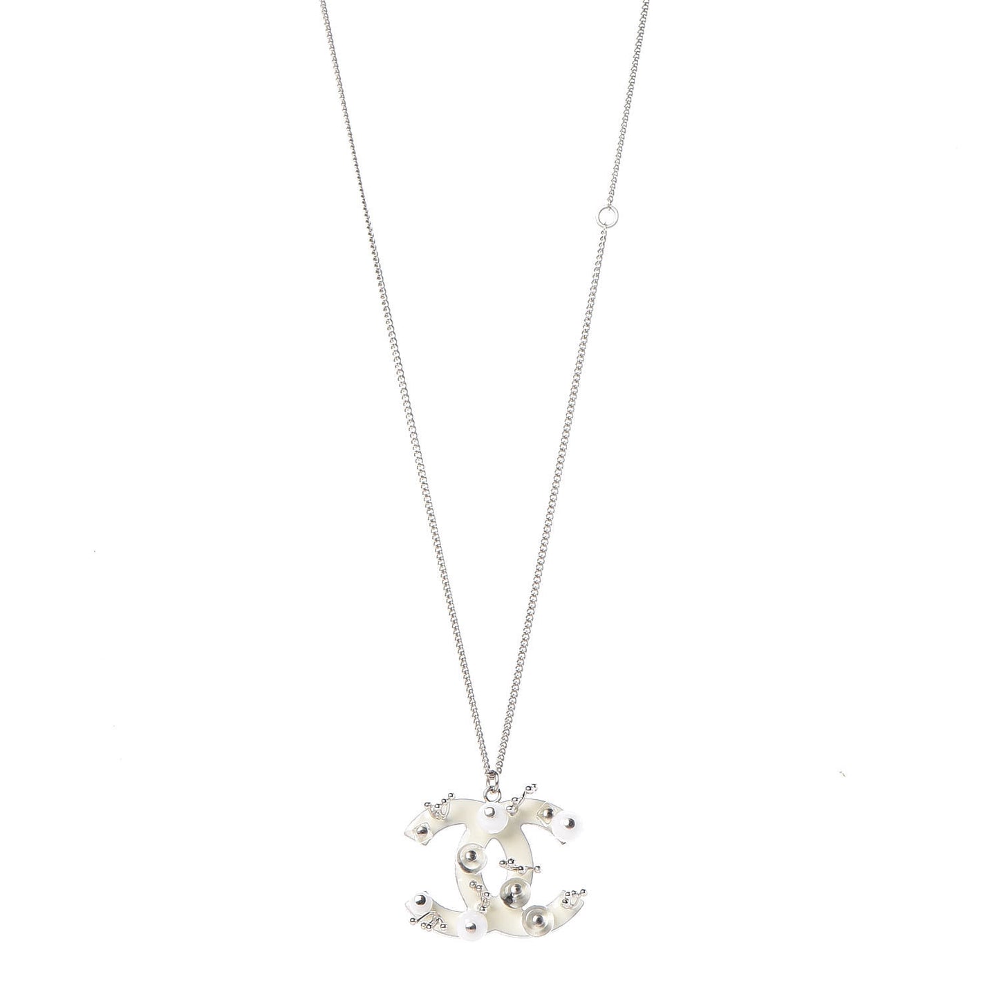 Enamel Beaded CC Necklace Silver White