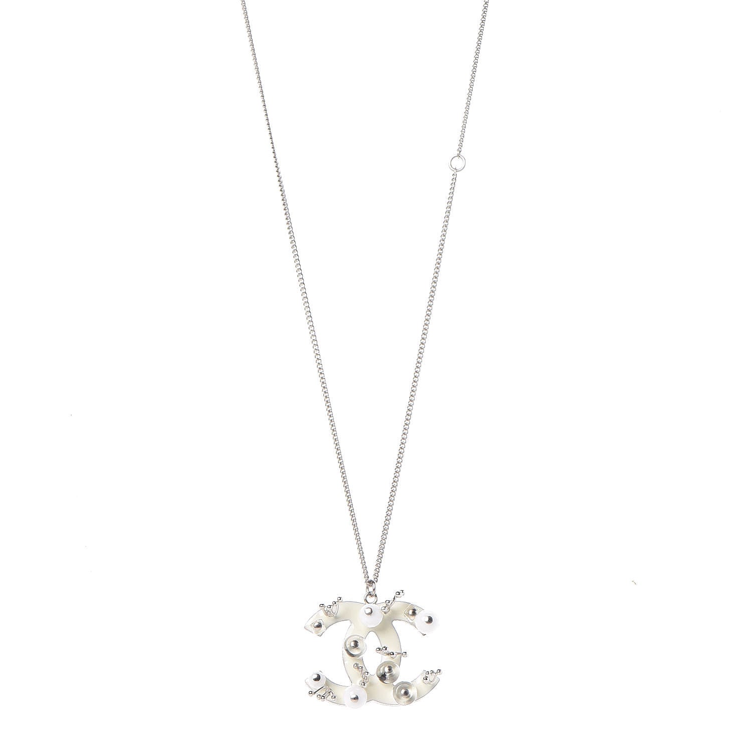 Chanel Enamel Beaded CC Necklace Silver White 1 of 6