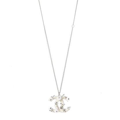 Chanel Enamel Beaded CC Necklace Silver White 1 of 6