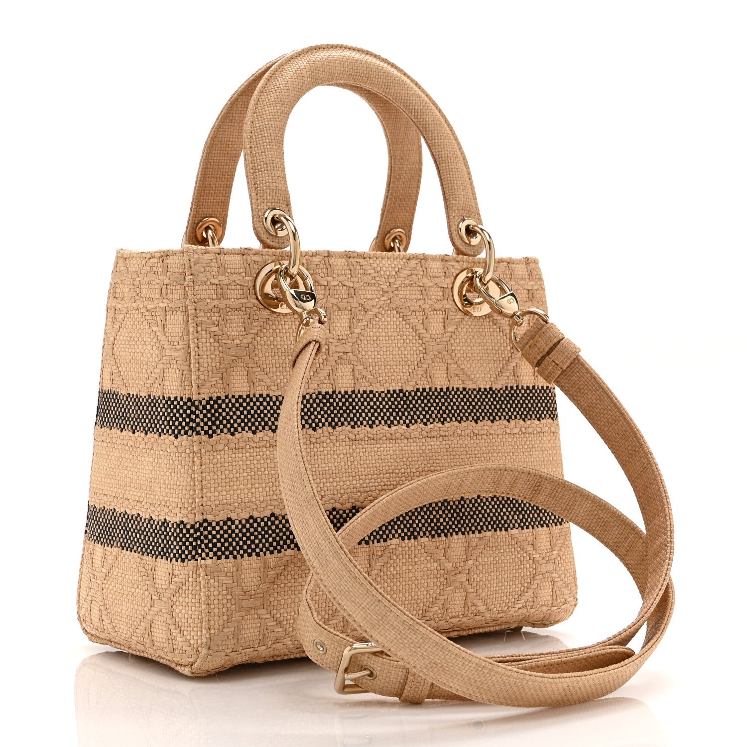 Christian Dior Raffia Woven Cannage Embroidered Medium Lady D-Lite Natural Black 3 of 10