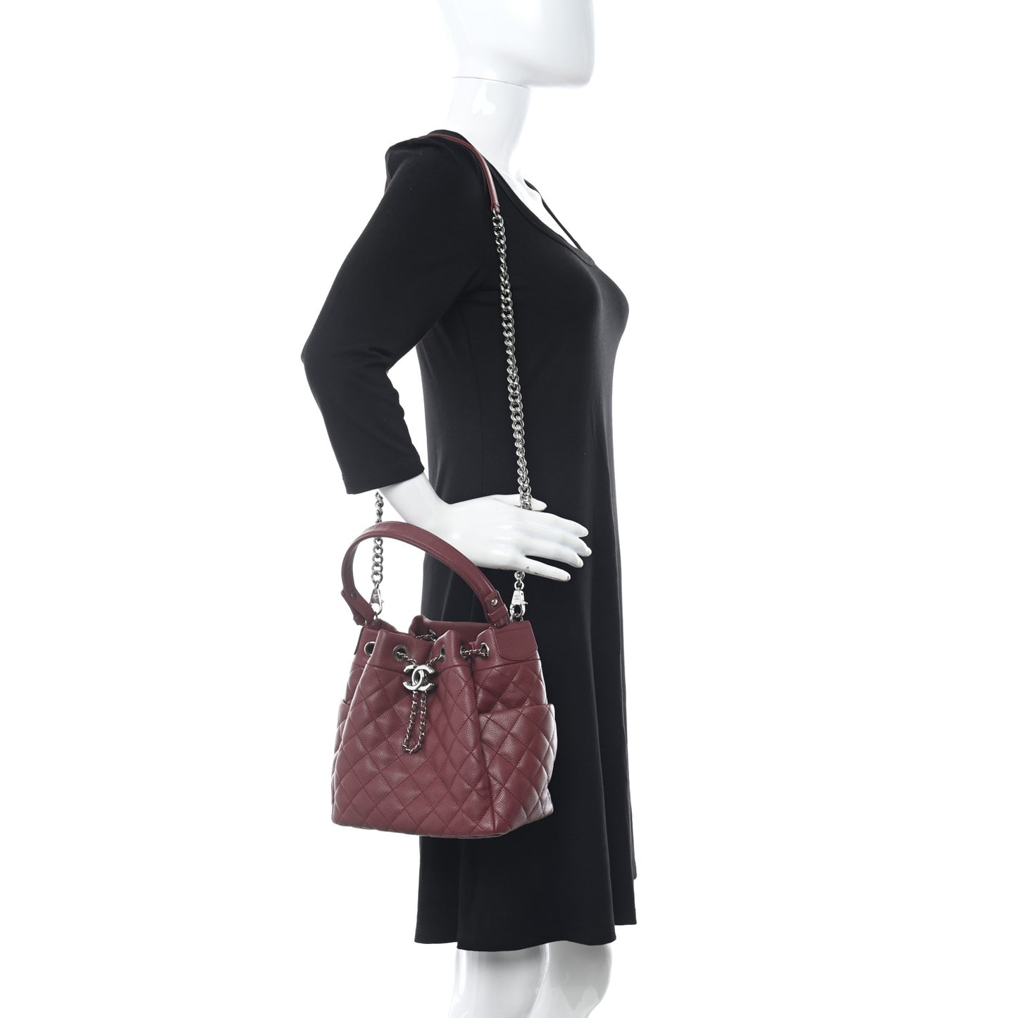 Caviar Flat Quilted CC Chain Bucket Drawstring Bag Burgundy
