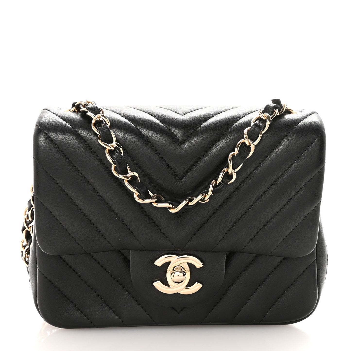 Lambskin Chevron Quilted Mini Square Flap Black