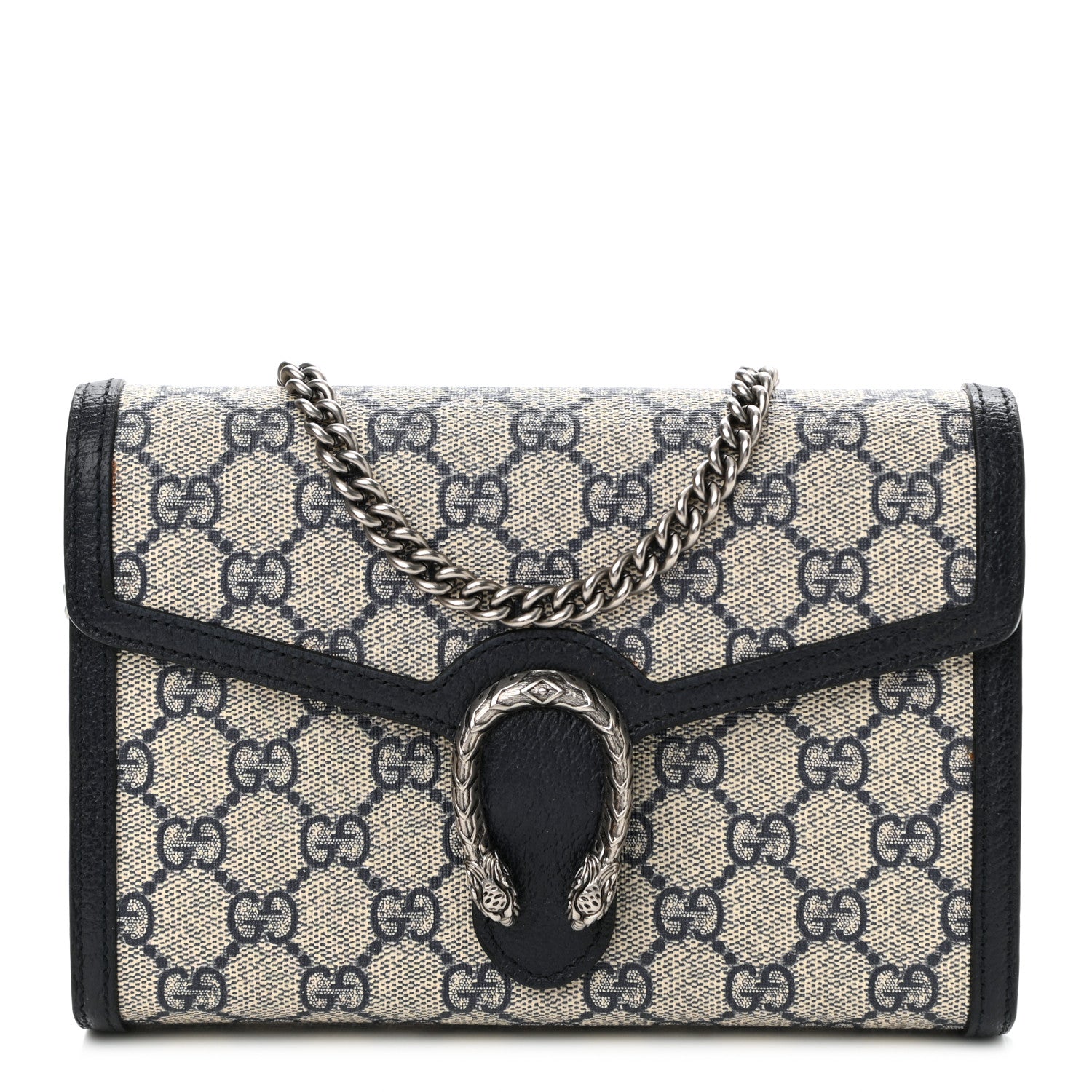 Gucci GG Supreme Monogram Textured Dollar Calfskin Mini Dionysus Chain Wallet Beige Blue 1 of 8