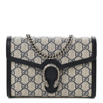 Gucci GG Supreme Monogram Textured Dollar Calfskin Mini Dionysus Chain Wallet Beige Blue 1 of 8