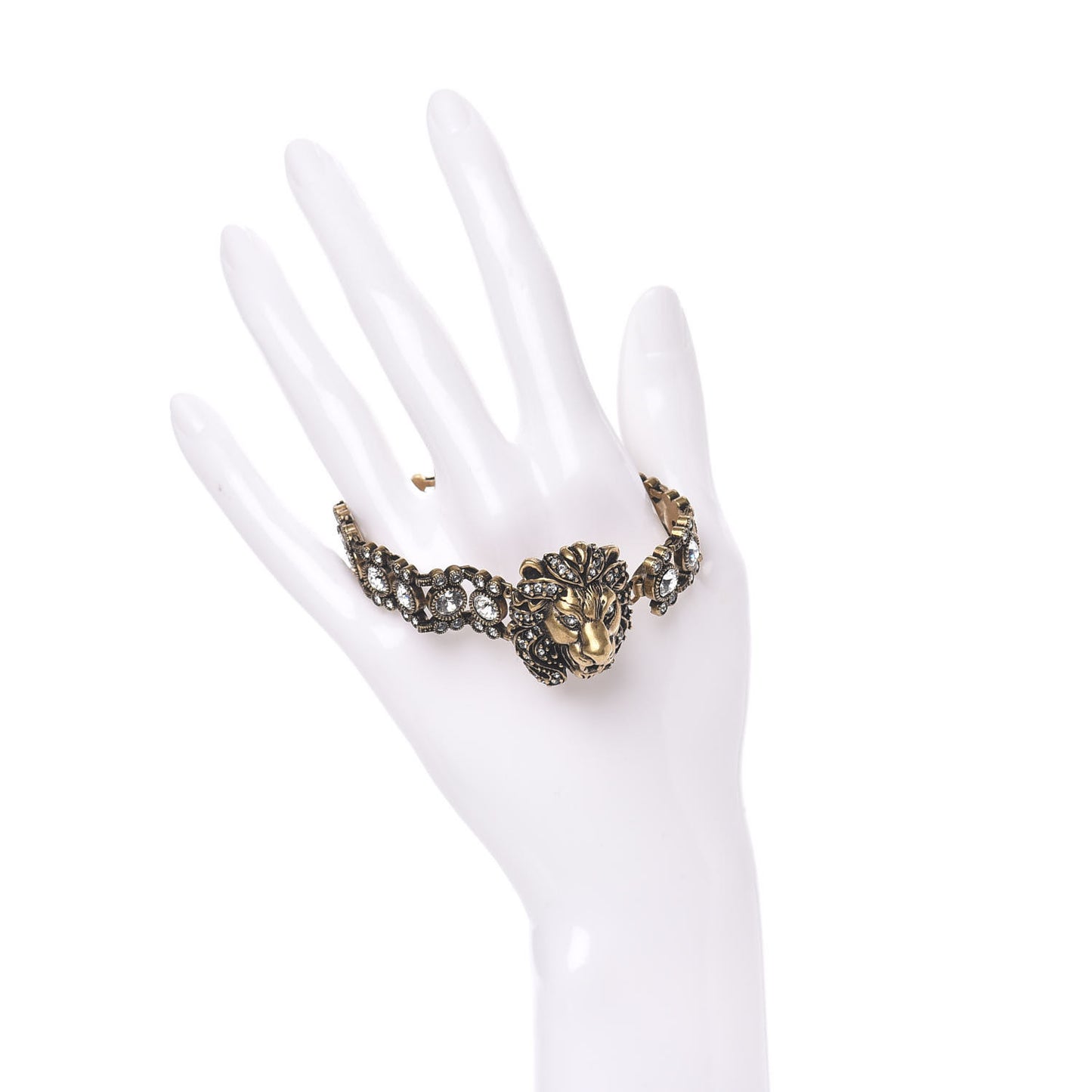 Metal Crystal Lion Head Bracelet L Aged Gold