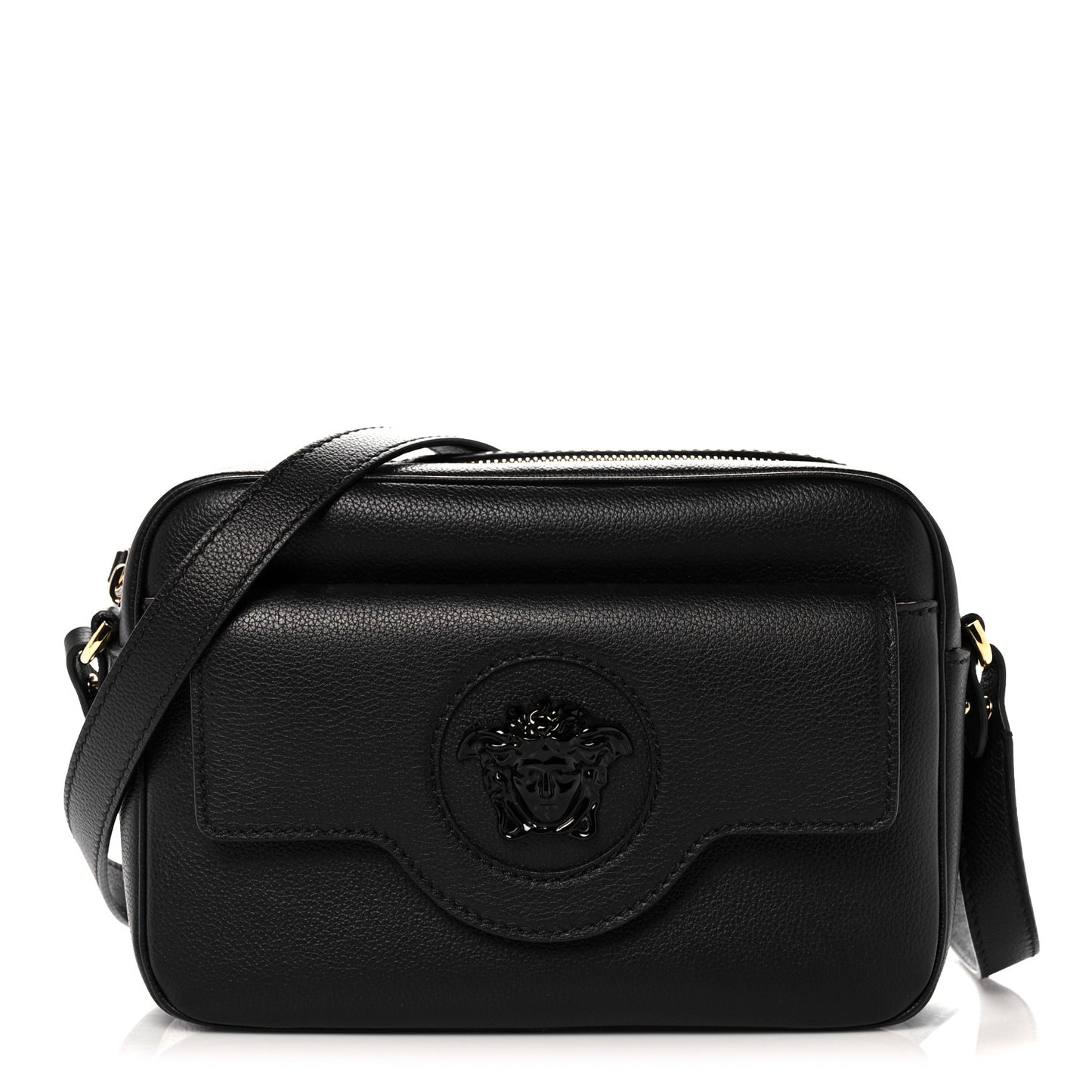 Grained Calfskin Medusa Camera Bag Black