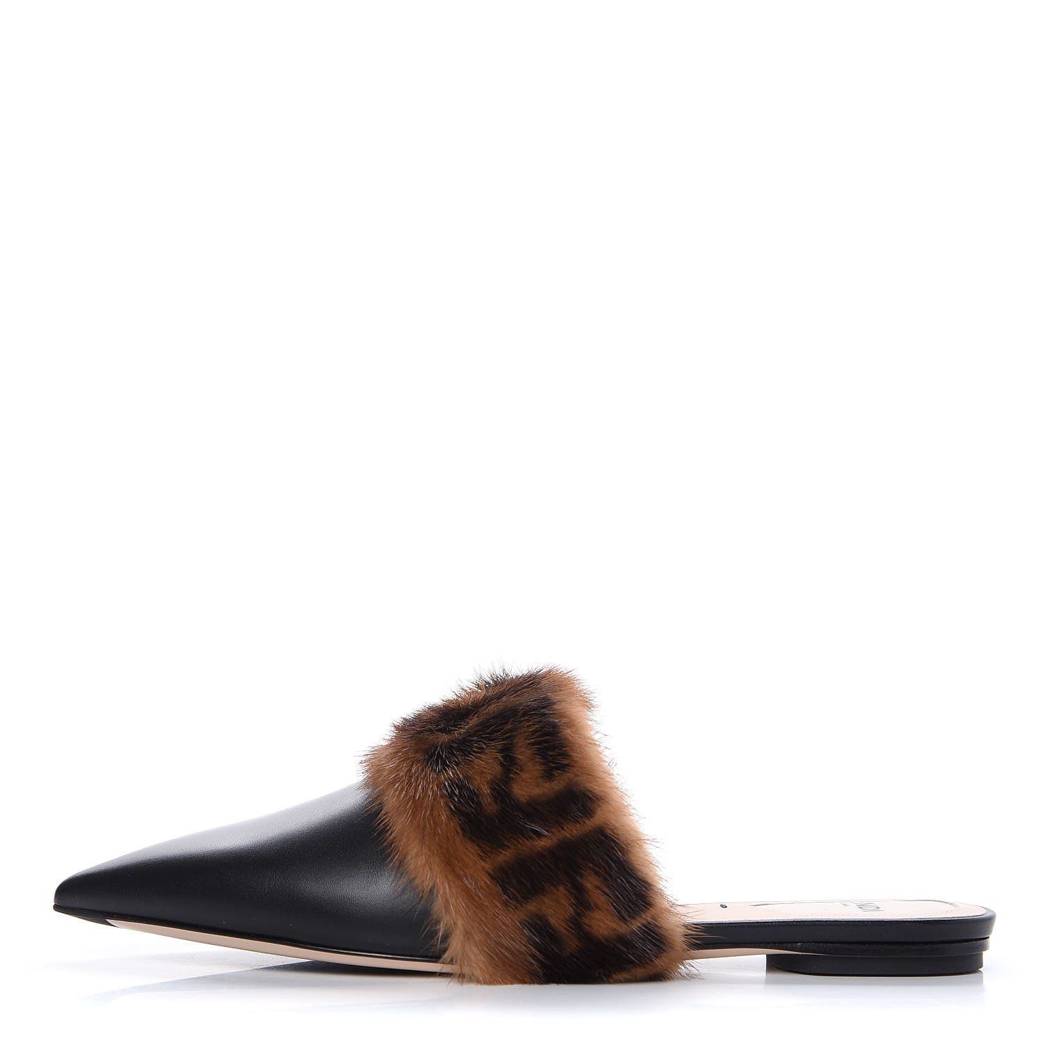 Fendi Calfskin Mink Fur FF Flat Mules 37.5 Black 1 of 11